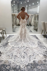 Romantic White Lace Mermaid V-Neck Spaghetti Strap Sleeveless Backless Cathedral Train Tulle Wedding Dresses